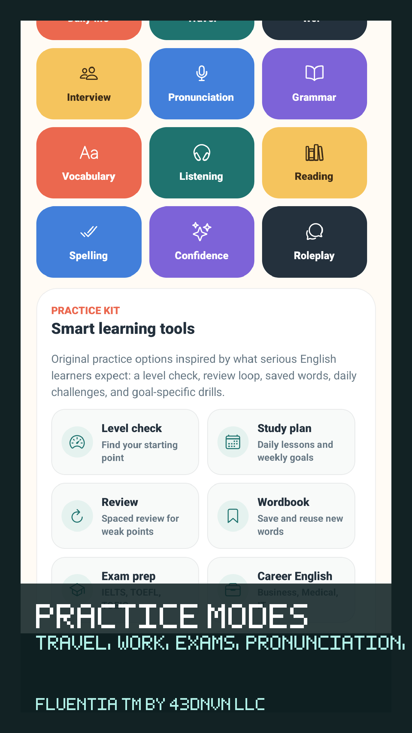 Fluentia practice modes screen